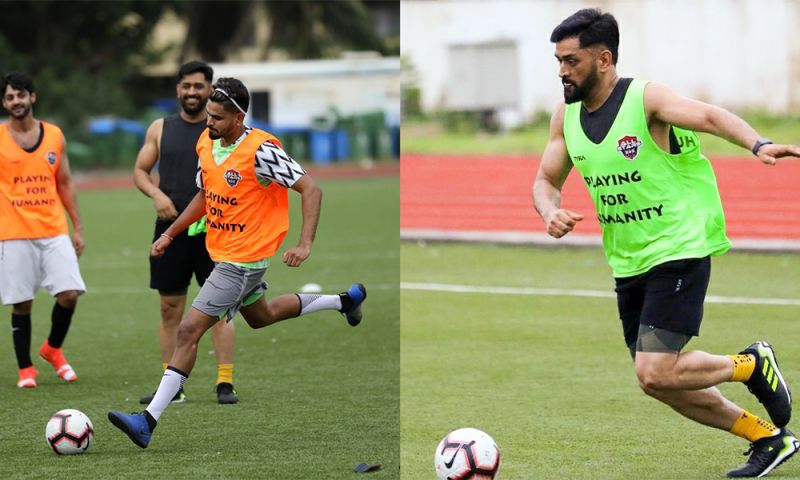 Shreyas Iyer to the left, MS Dhoni to the right. Latest MS Dhoni images in India’s retro jersey, football with Ranveer, Iyer