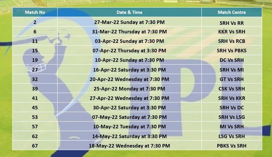 Ipl Schedule 2022 Ipl 2022: Sunrisers Hyderabad (Srh) Full Schedule & Time Table - Icc  Cricket Schedule